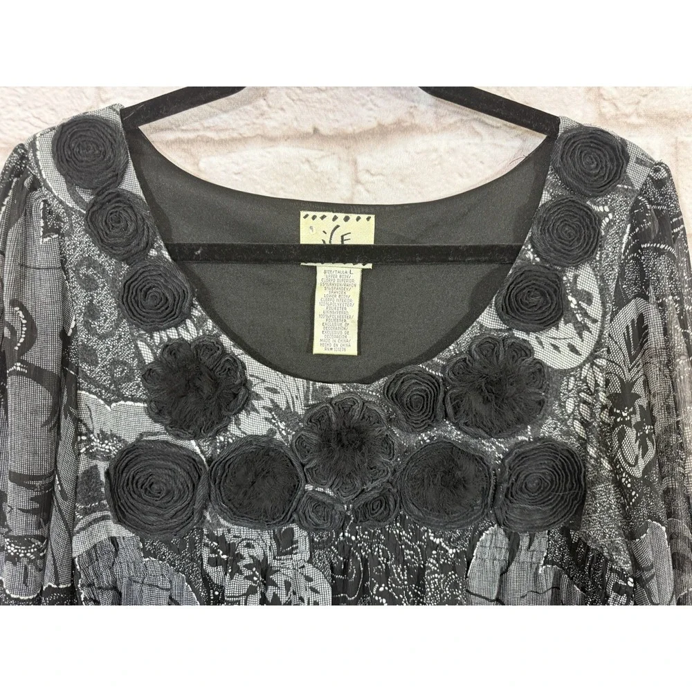 Vintage Black Babydoll Top Rosettes Floral Puff Sleeve Ruffle Dark Fairy Women L - Picture 2 of 9